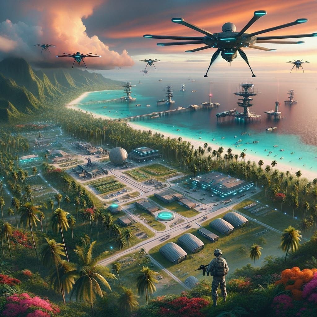 Futuristic Military Base on Tropical Island Paradise