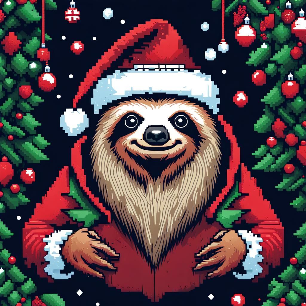 Santa Sloth Pixel Art Christmas T-Shirt Design