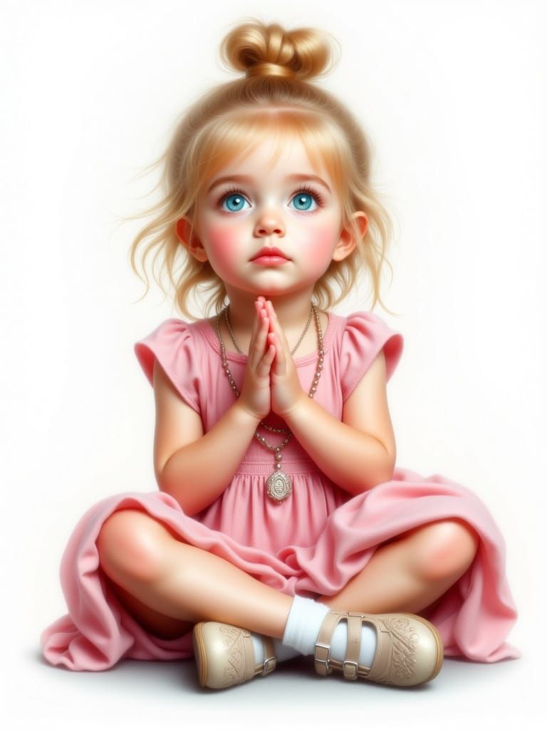 Ethereal Girl in Pink Dress Praying in Oil Colors