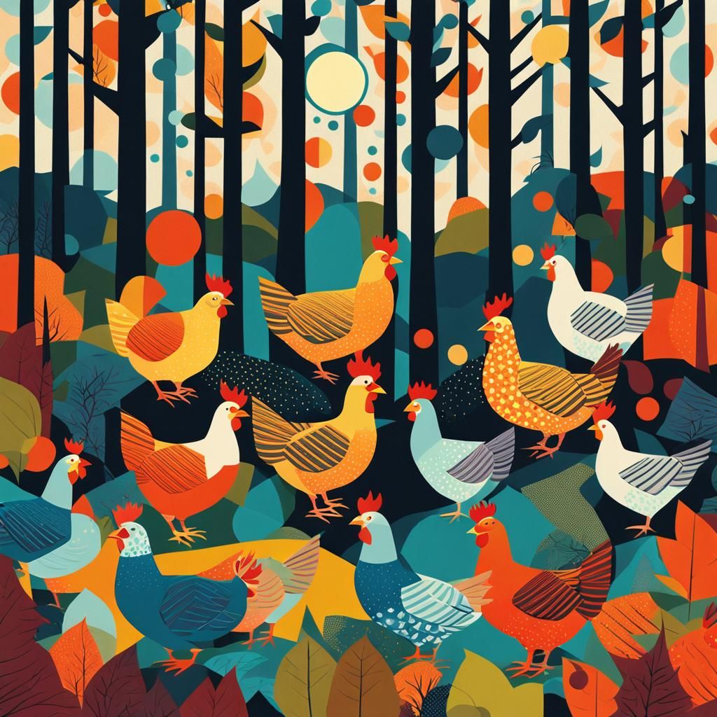 Hens in Warmly Lit Forest: Screen Print Pop Art