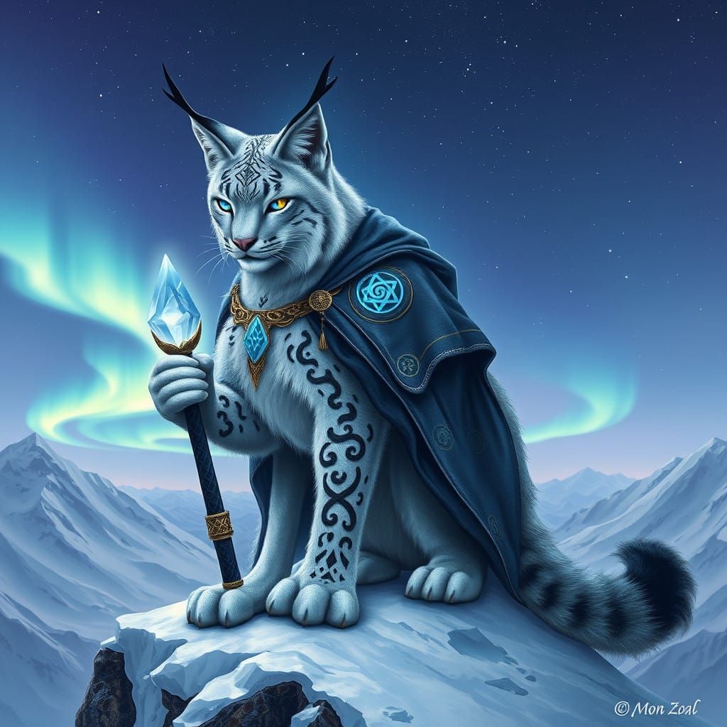 Mystical Silver Lynx on Snowy Mountain Peak