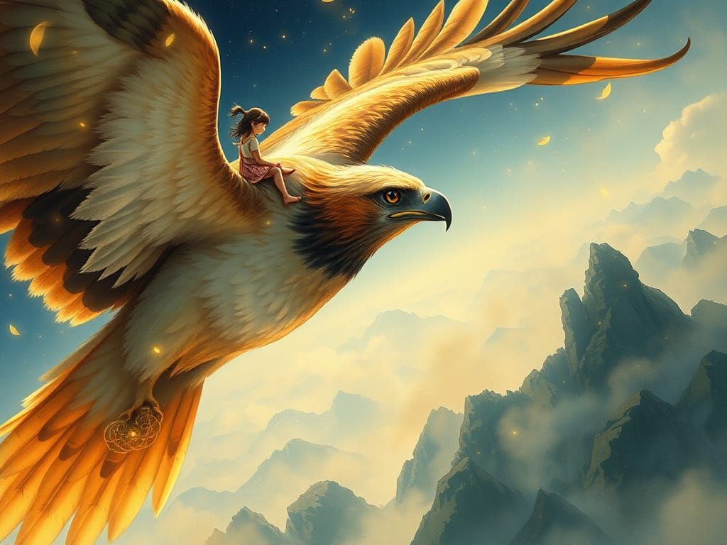 Girl Rides Giant Eagle Through Fantasy Realm