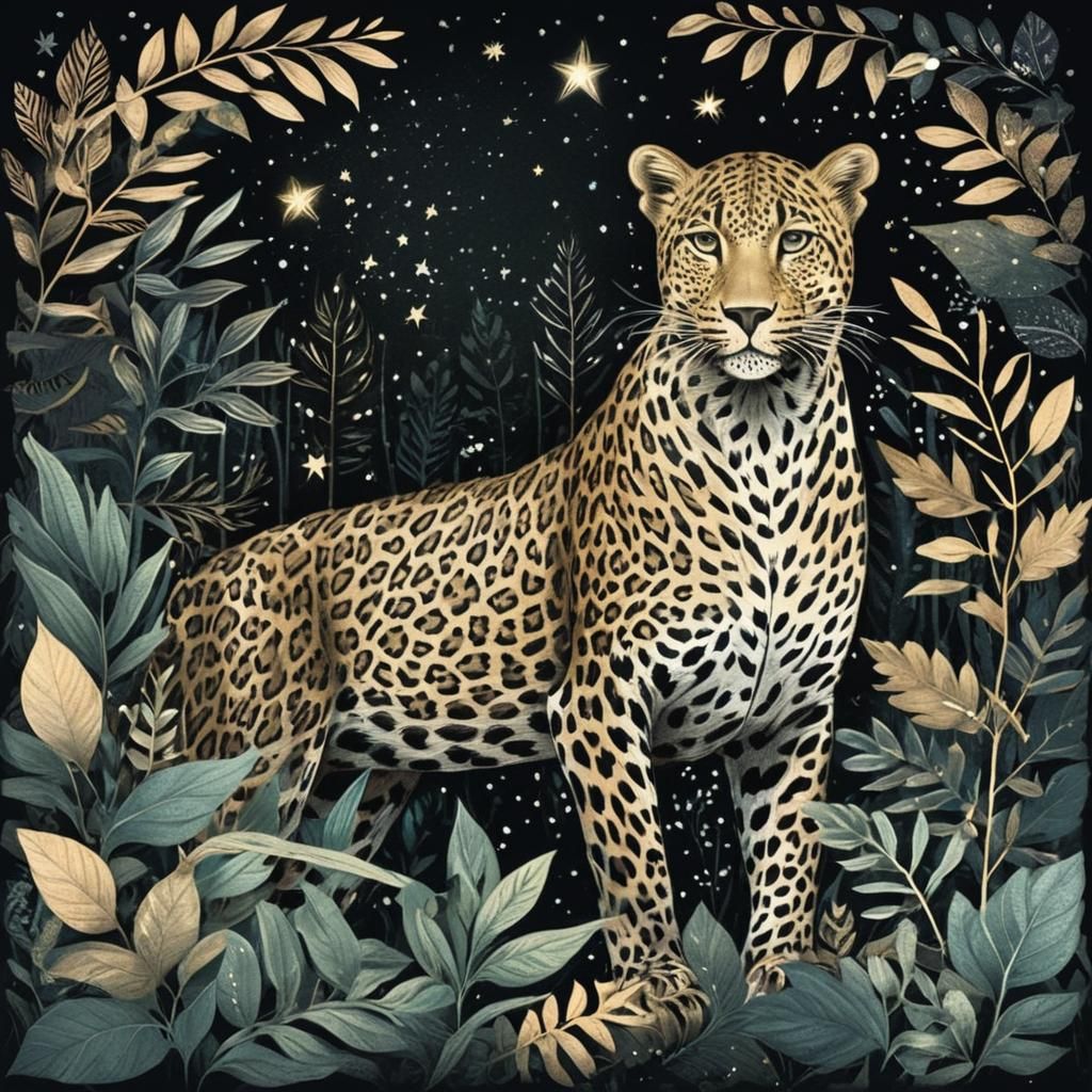 Leopard in Botanical Forest Lith Print Style