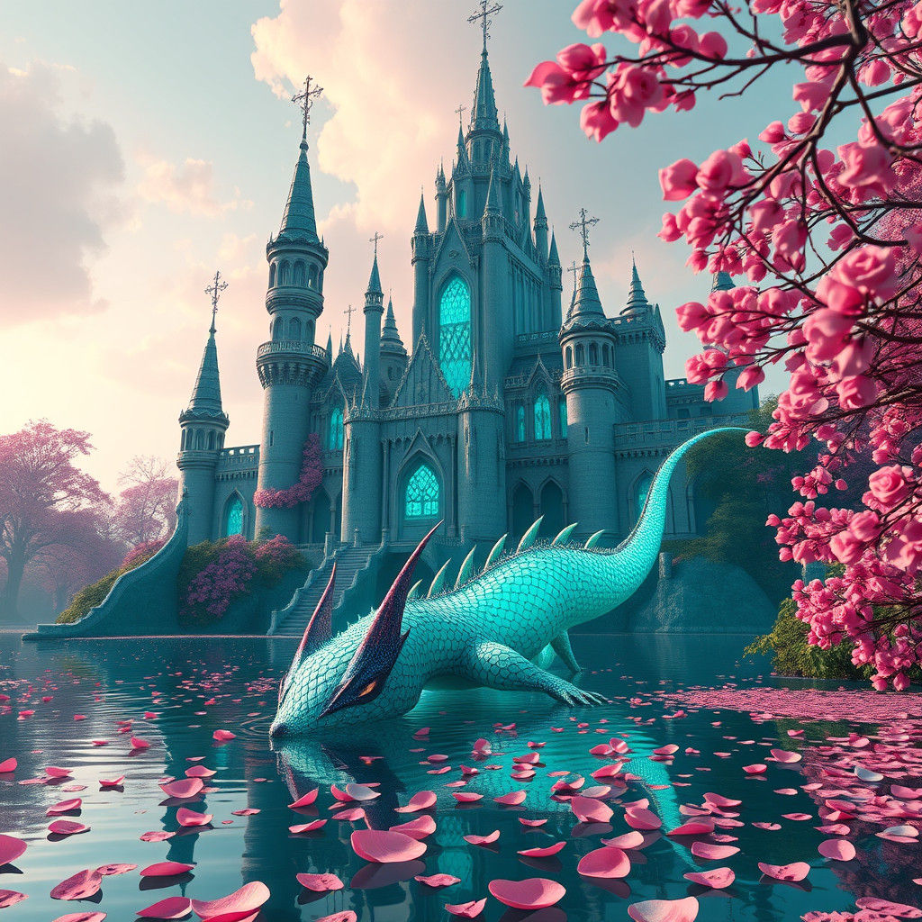 Teal Castle Guardian Monster in Anime Art Style