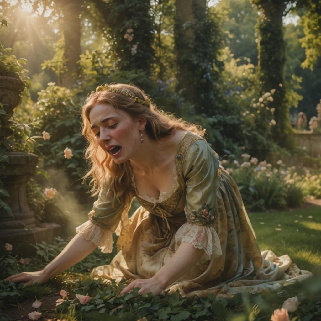 Lady Crying in English Garden in Romantic Realism