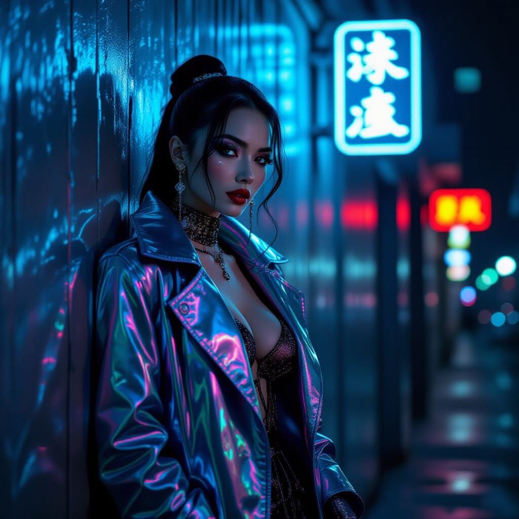 Android Burlesque Performer in Cyberpunk Noir Alley