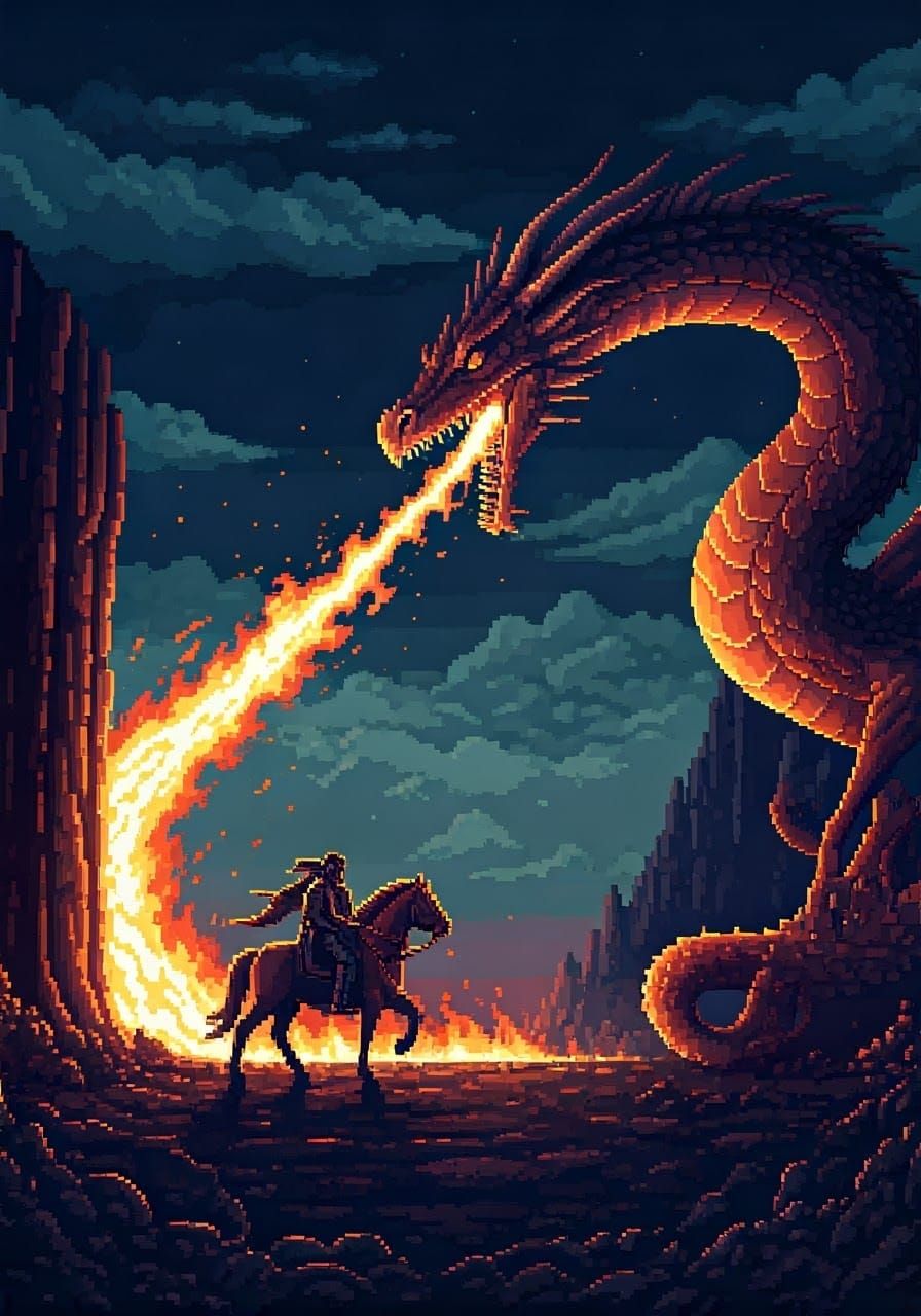 Pixel Art Knight Versus Dragon in Landscape