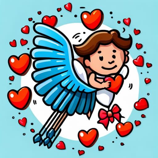 Cartoon Cupid with Heart Arrows and Red Sash