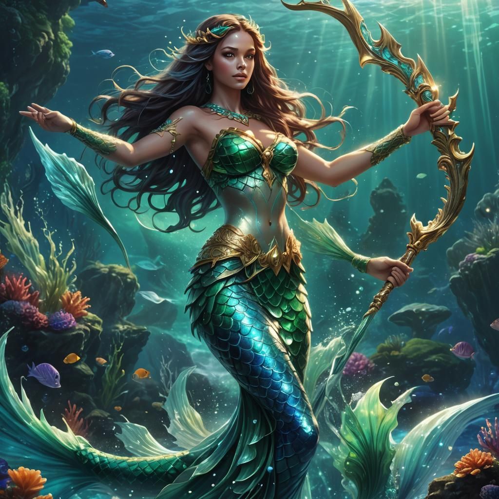 Breathtaking Mermaid with Trident in Mystical Ocean