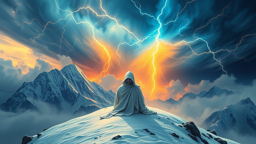 Serene Monk in Eerie Stormy Landscape with Ethereal Glow