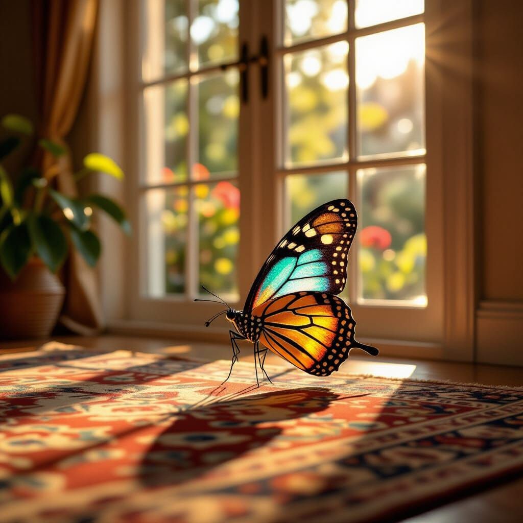 Butterfly in Sunlit Living Room with Garden View