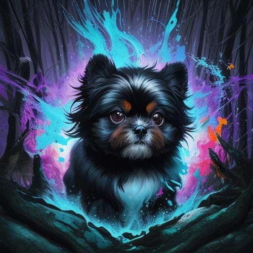 Lhasa Apso in Enchanted Forest: Graffiti Art Style
