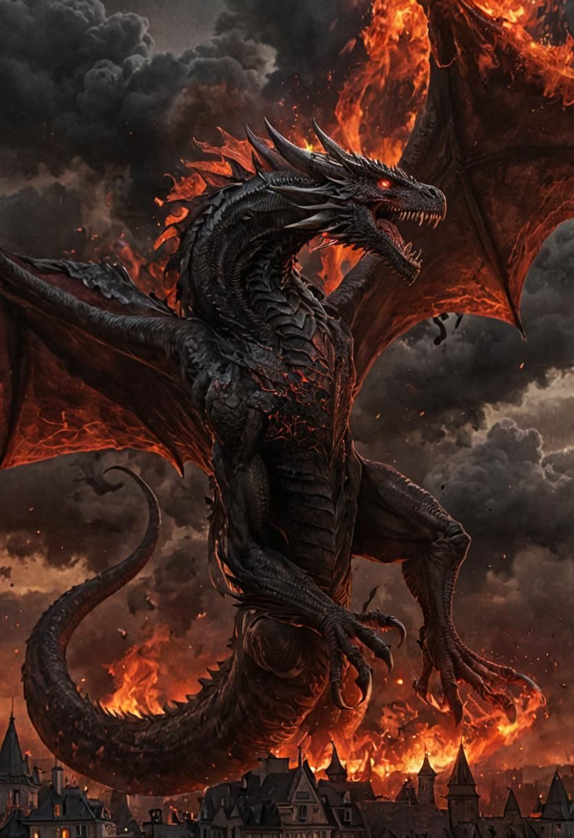 Balerion Unleashes Black Flames in Dark Fantasy Art