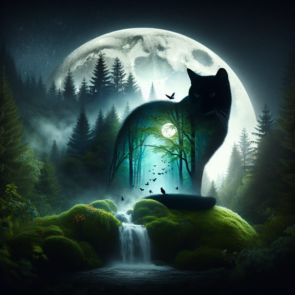 Mystical Black Cat Double Exposure with Forest