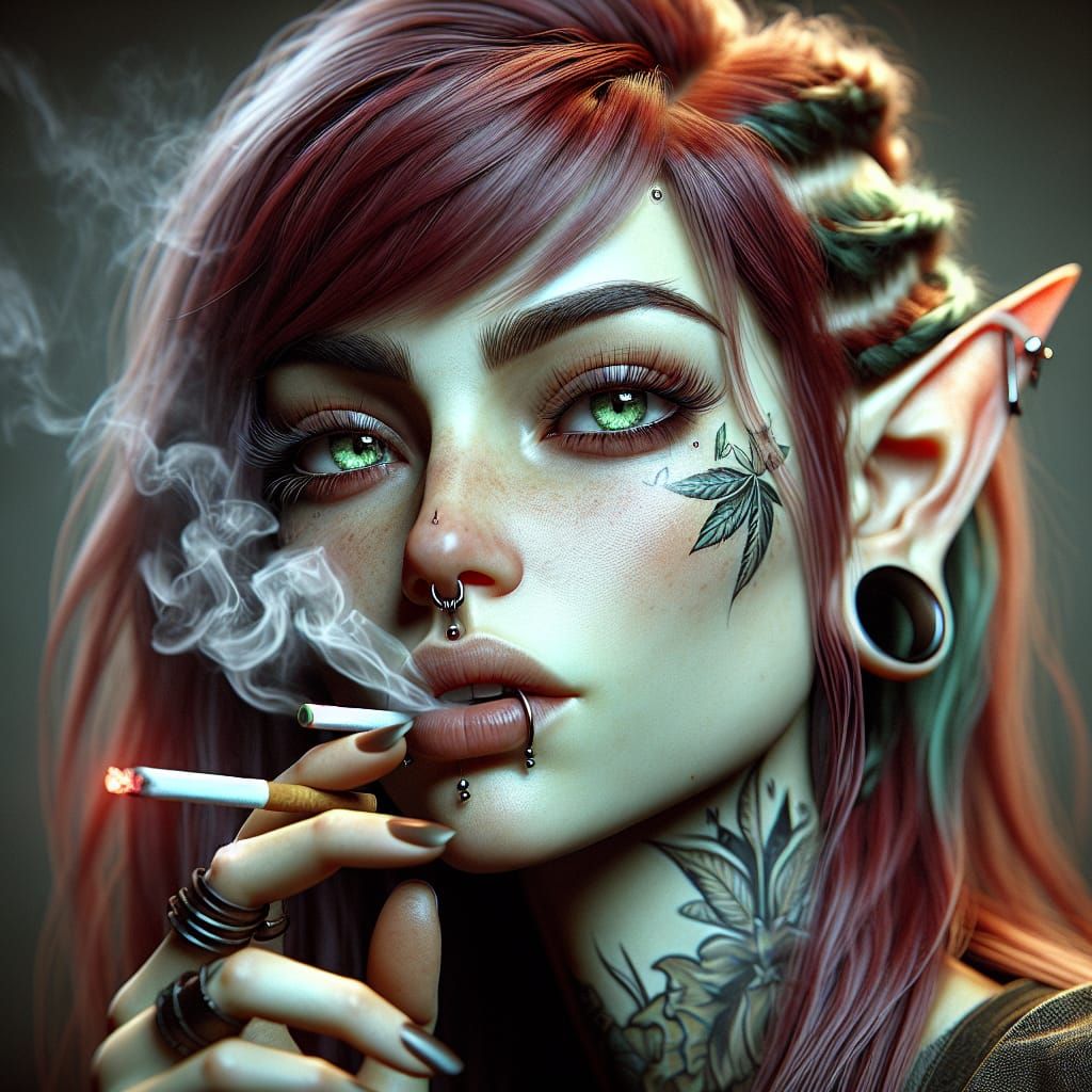 Punk Elf Woman Smoking, Detailed Fantasy Art