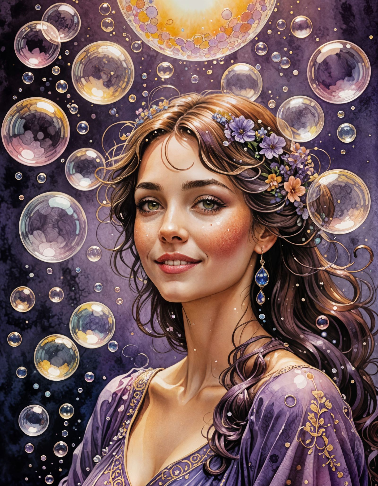 Woman and Iridescent Bubbles in Watercolor Style