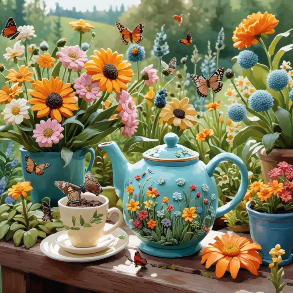 Van Gogh Style Teapot with Spring Flowers