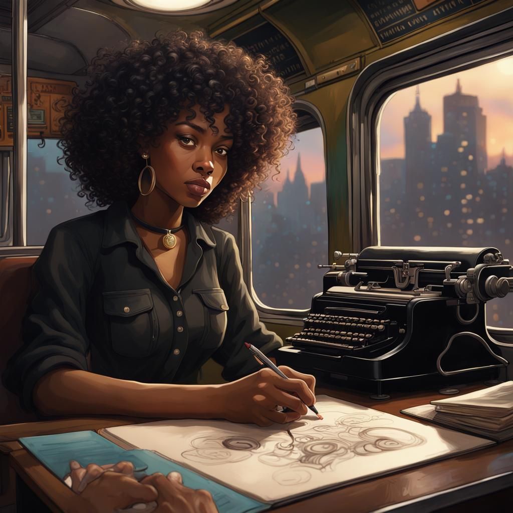 1970s Black Woman on Train with Typewriter
