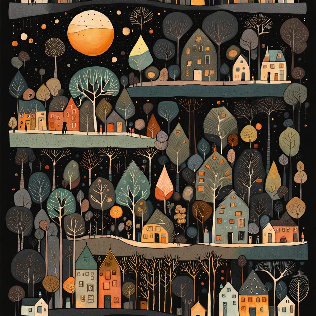 Cosmic Houses with Stylized Trees in Gouache Watercolor