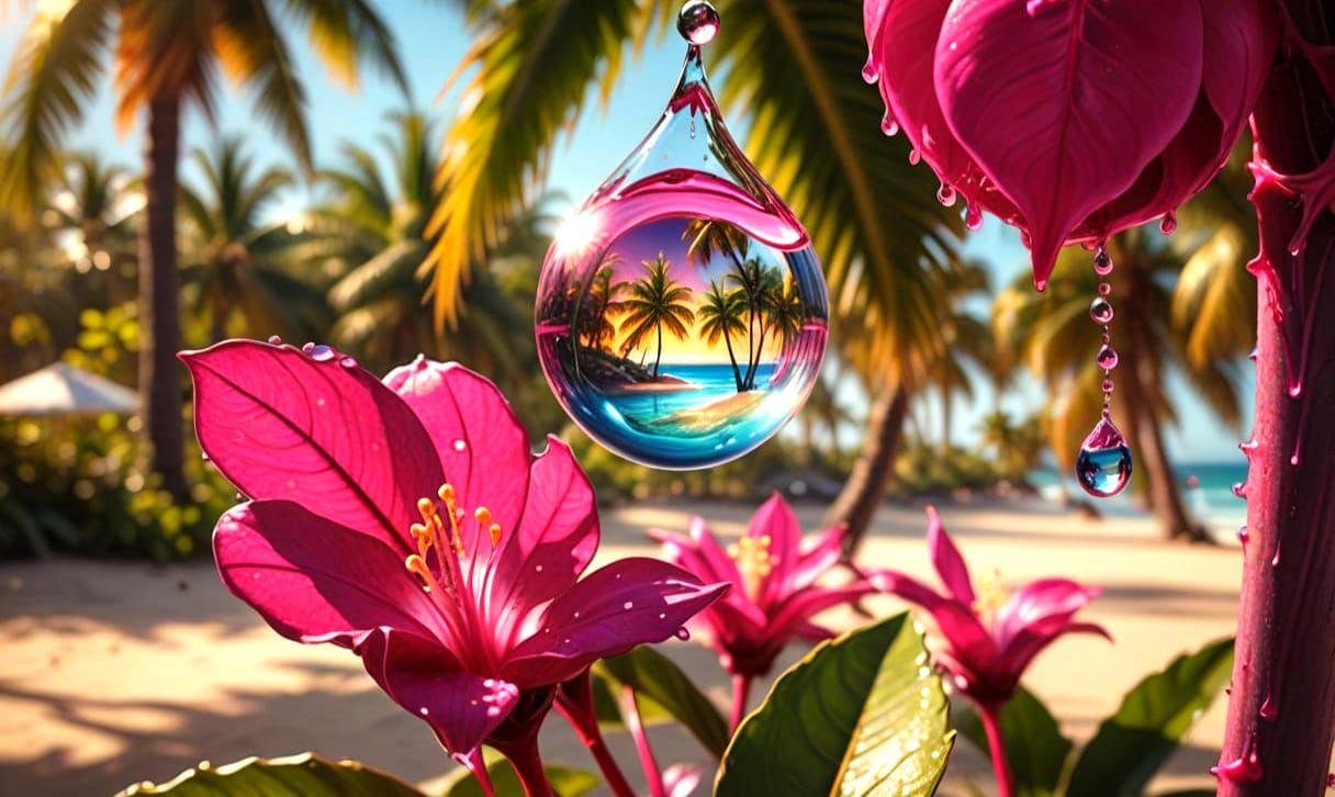 Macro Droplet Reflecting a Beach Paradise