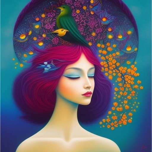 Girl with Birds and Flowers in Magic Realism Style