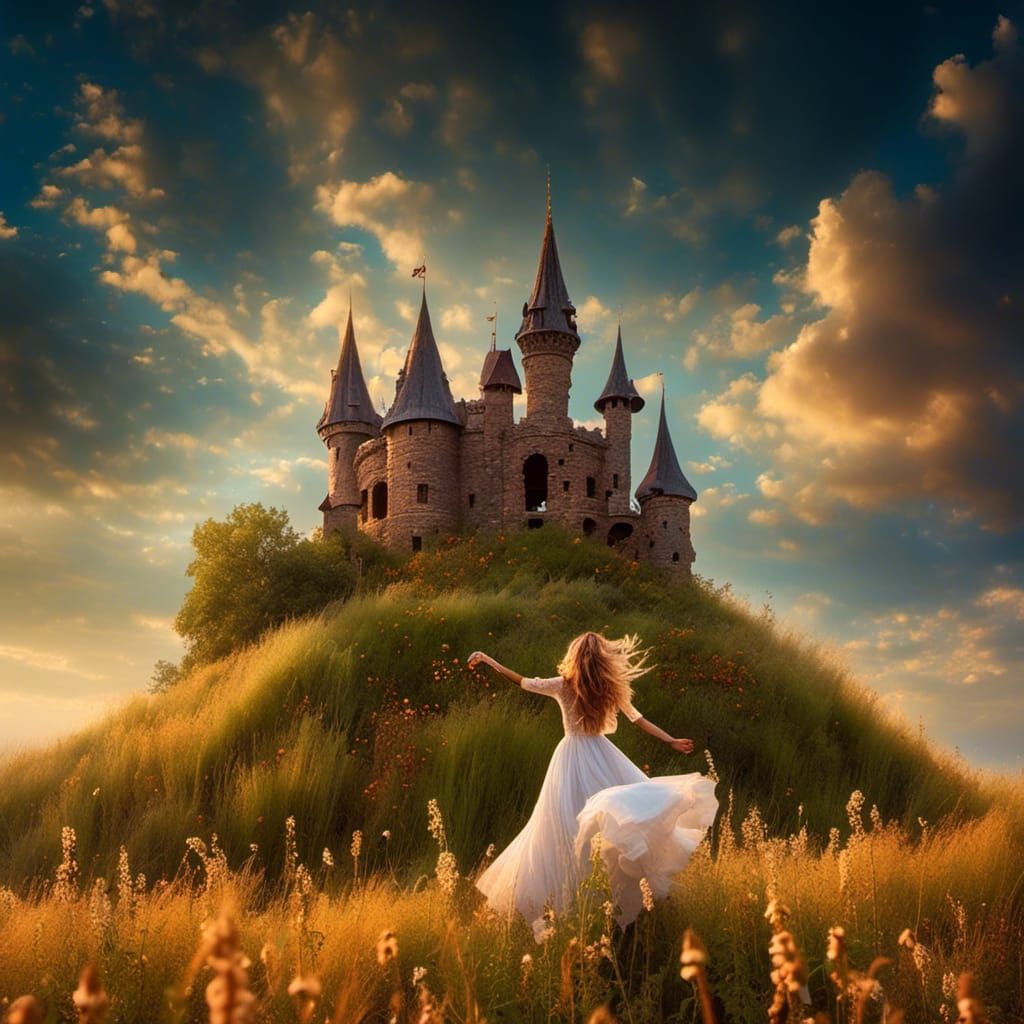 Princess Dancing in Field with Castle