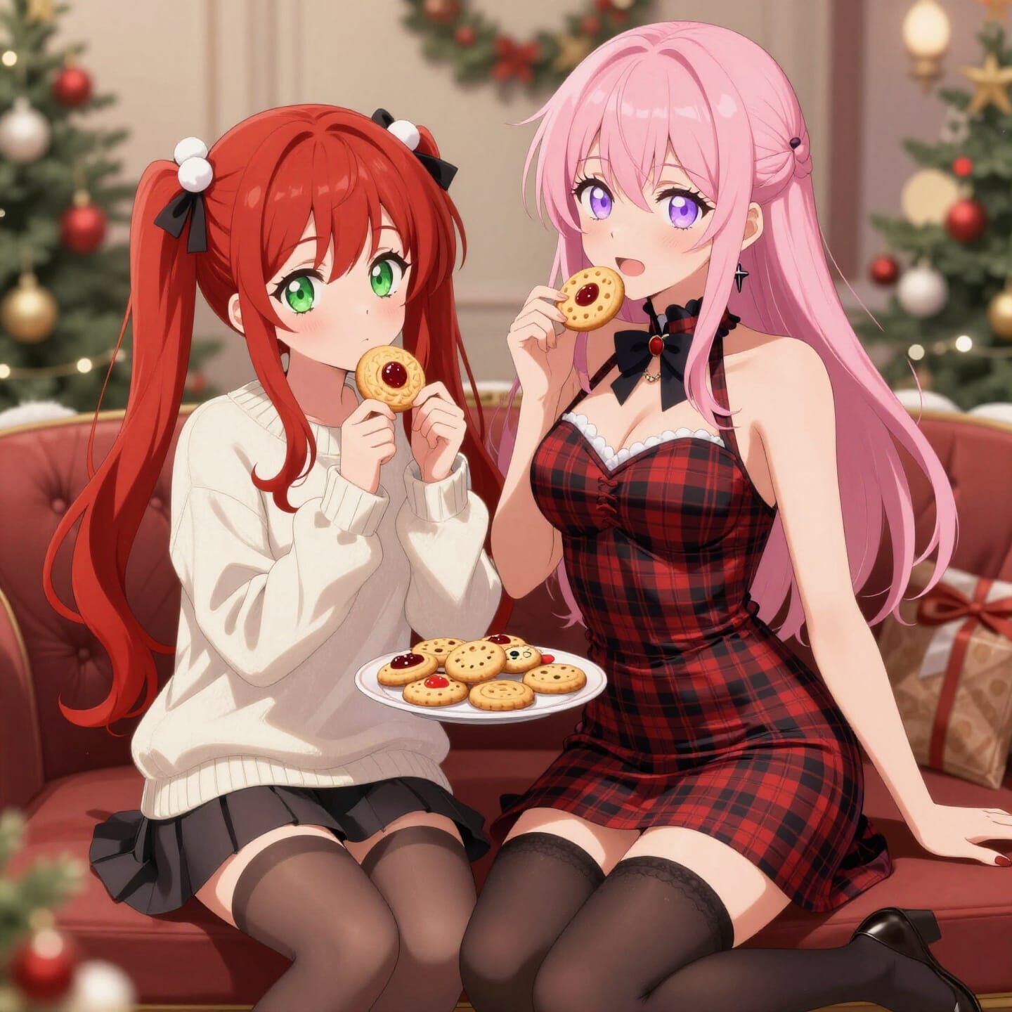 Kawaii Anime Illustration of Women Sharing Christmas Cookies