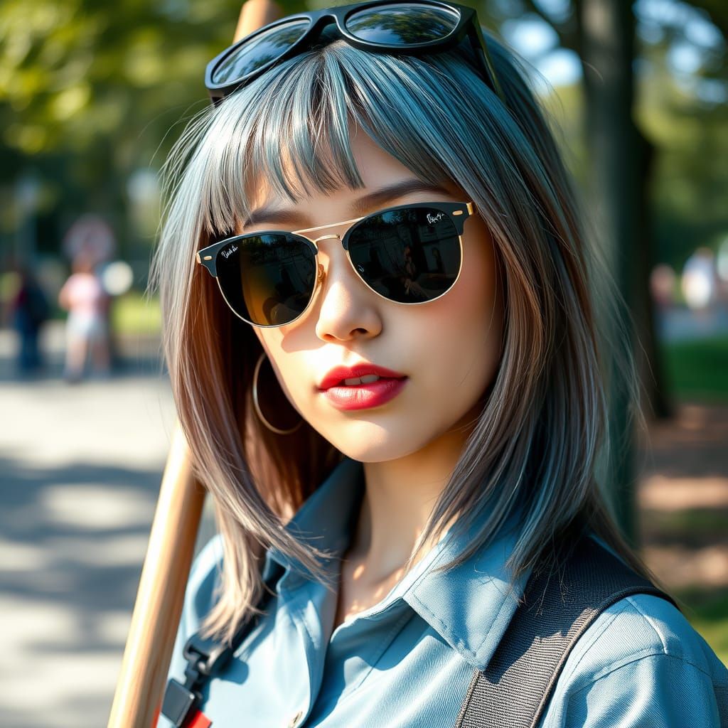 Park Sweeper with Cyan Hair in Realistic Photo