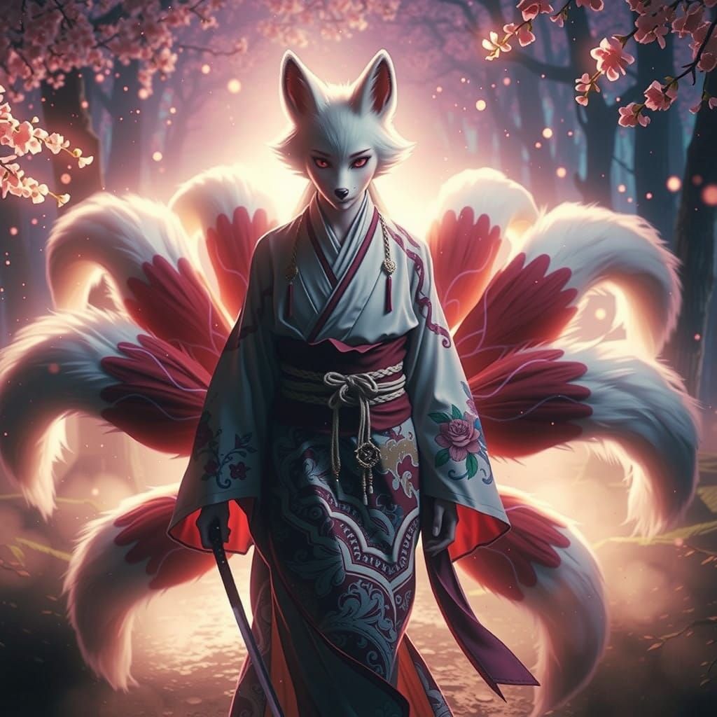Surreal Kitsune in Elegant Kimono with Katana and Celestial....