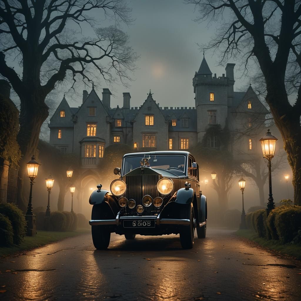 Rolls Royce Silver Ghost outside an English manor house