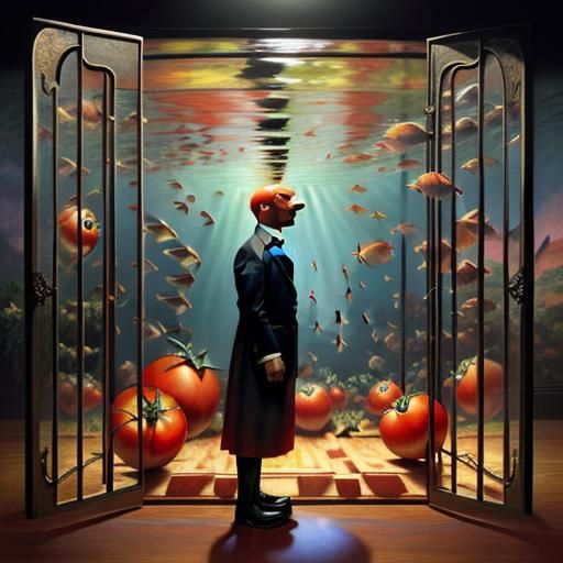 Surreal Tomato-Fish Hybrid Creature in 3D