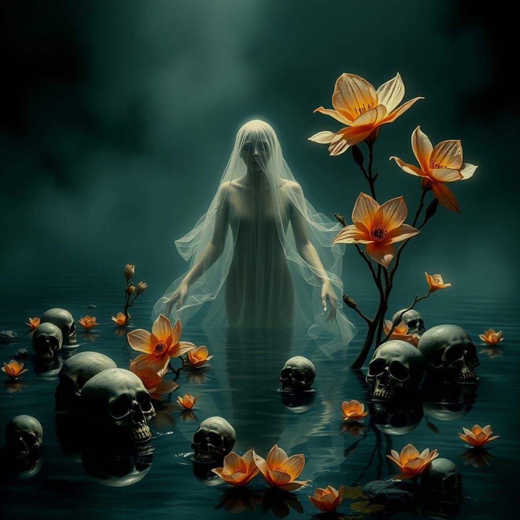 Ethereal Ghost Arises from Misty Lake, Acrylic Art