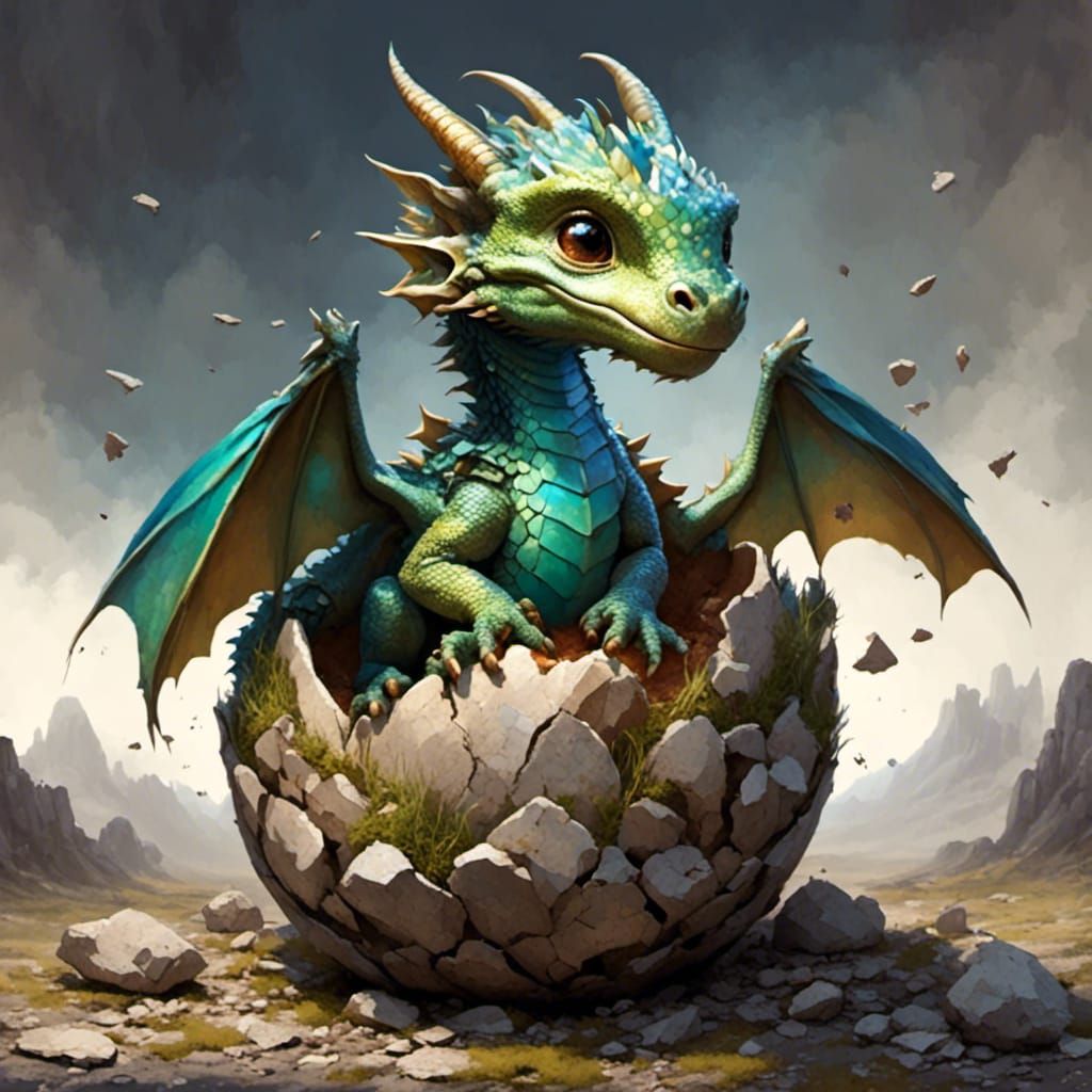 Cute Baby Dragon Hatching in Rocky Landscape