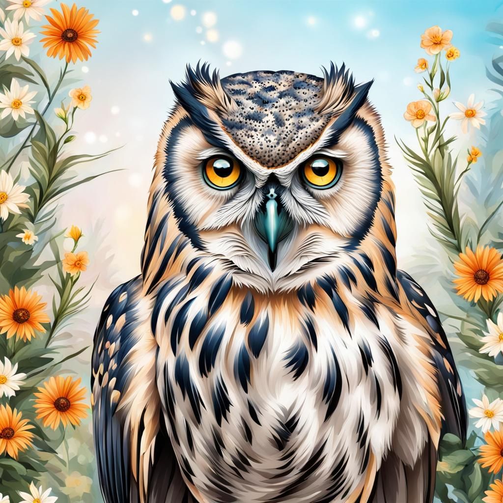 Owl with Striking Eyes and Floral Background
