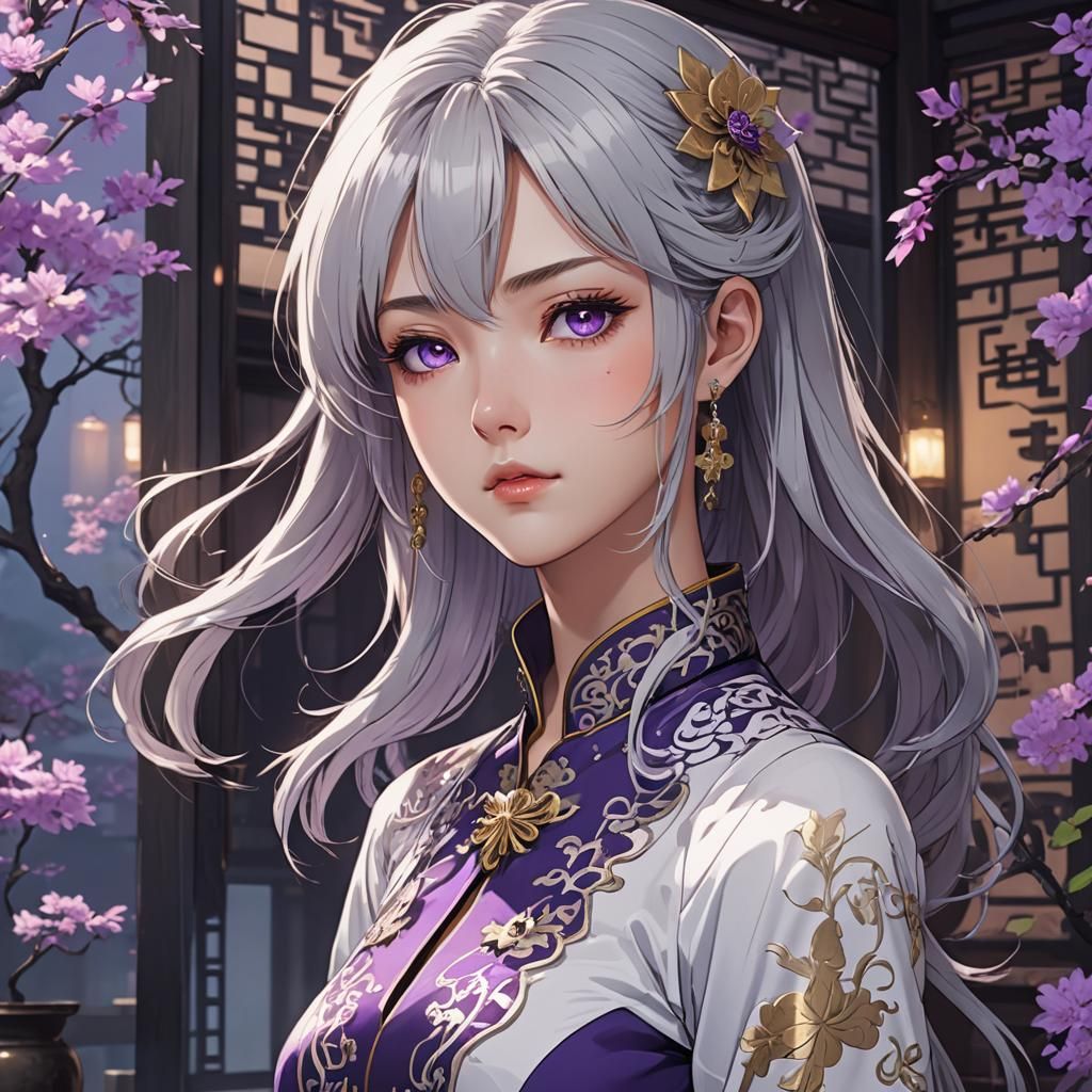 Anime Witch with Silver Hair and Violet Eyes