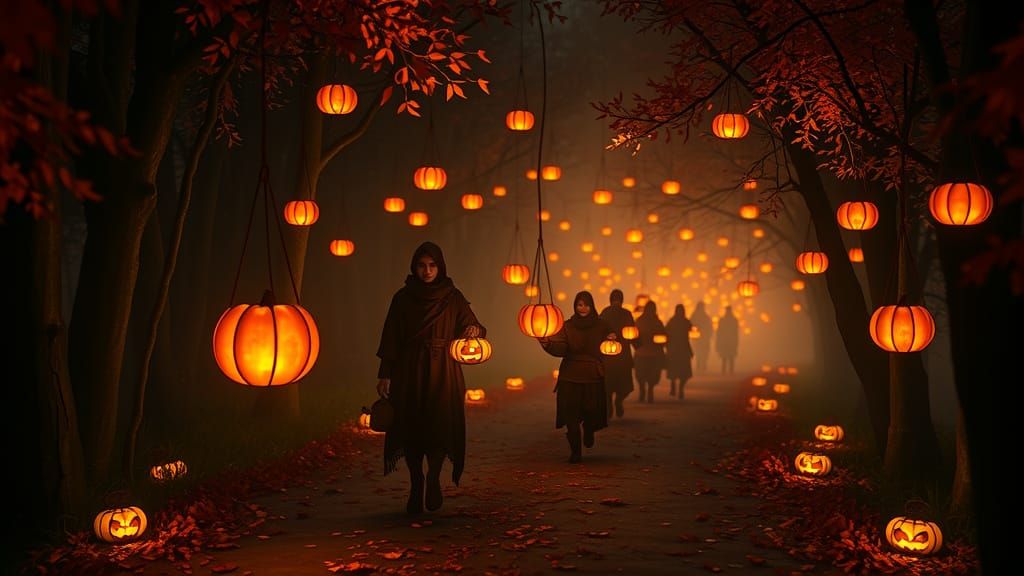 Mystical Autumn Forest Path With Glowing Pumpkin Lanterns