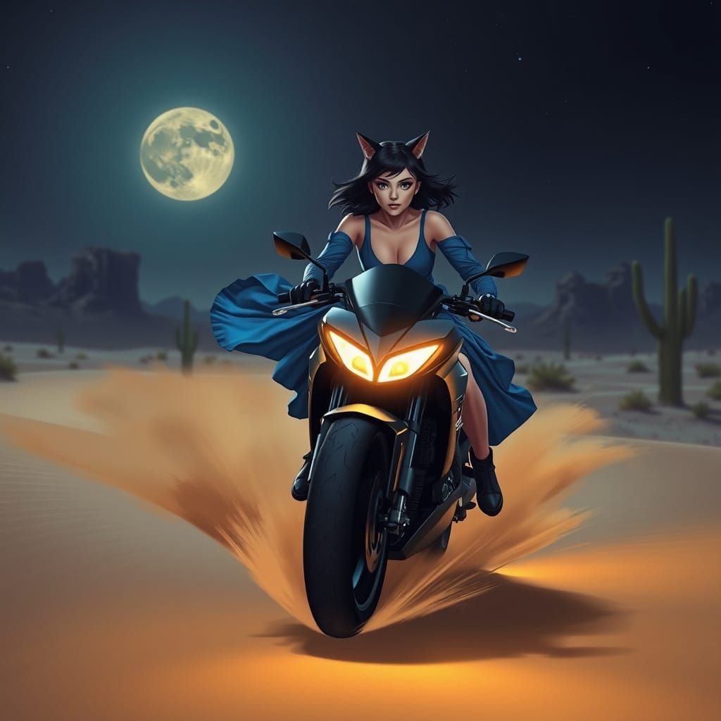 Girl in Cat Ears, Riding Futuristic Motorcycle Through Deser...
