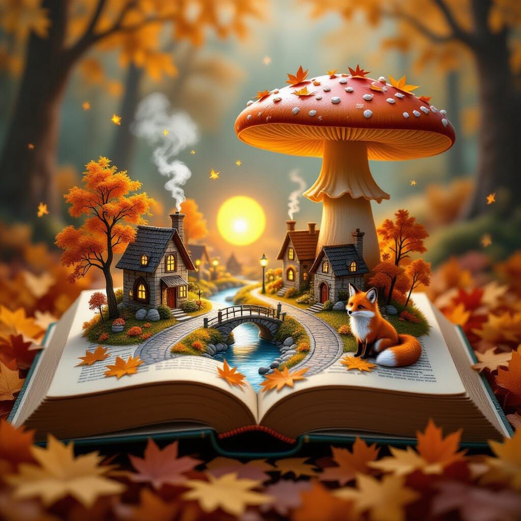 Miniature Autumn Town Inside a Book, Fairytale Atmosphere