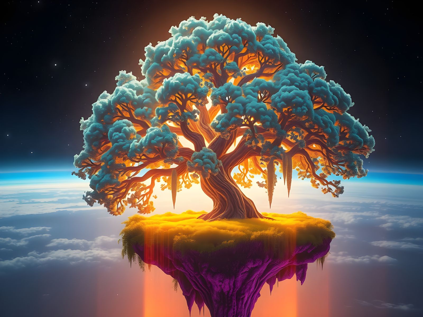 Surreal Space Tree Radiates Magic on a Celestial Island