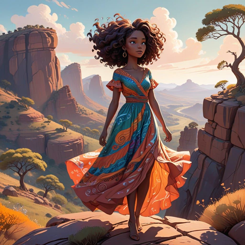 African Woman Gazing at Swirling Landscape Cartoon