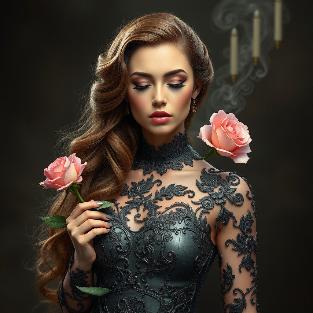 Hyperrealistic Woman in Latex Smelling a Rose