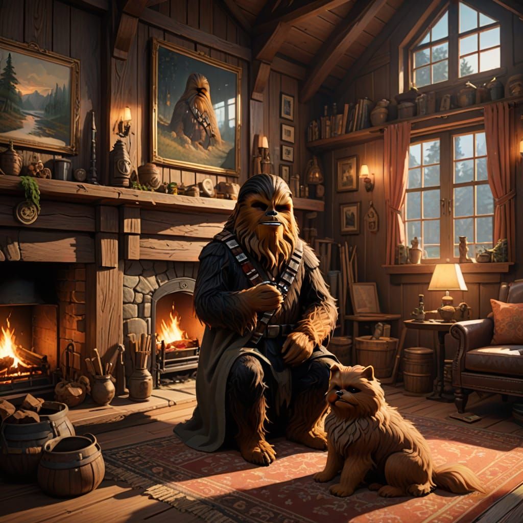 Leonardo DiCaprio and Chewbacca in a Cozy Anime-Style Wooden...