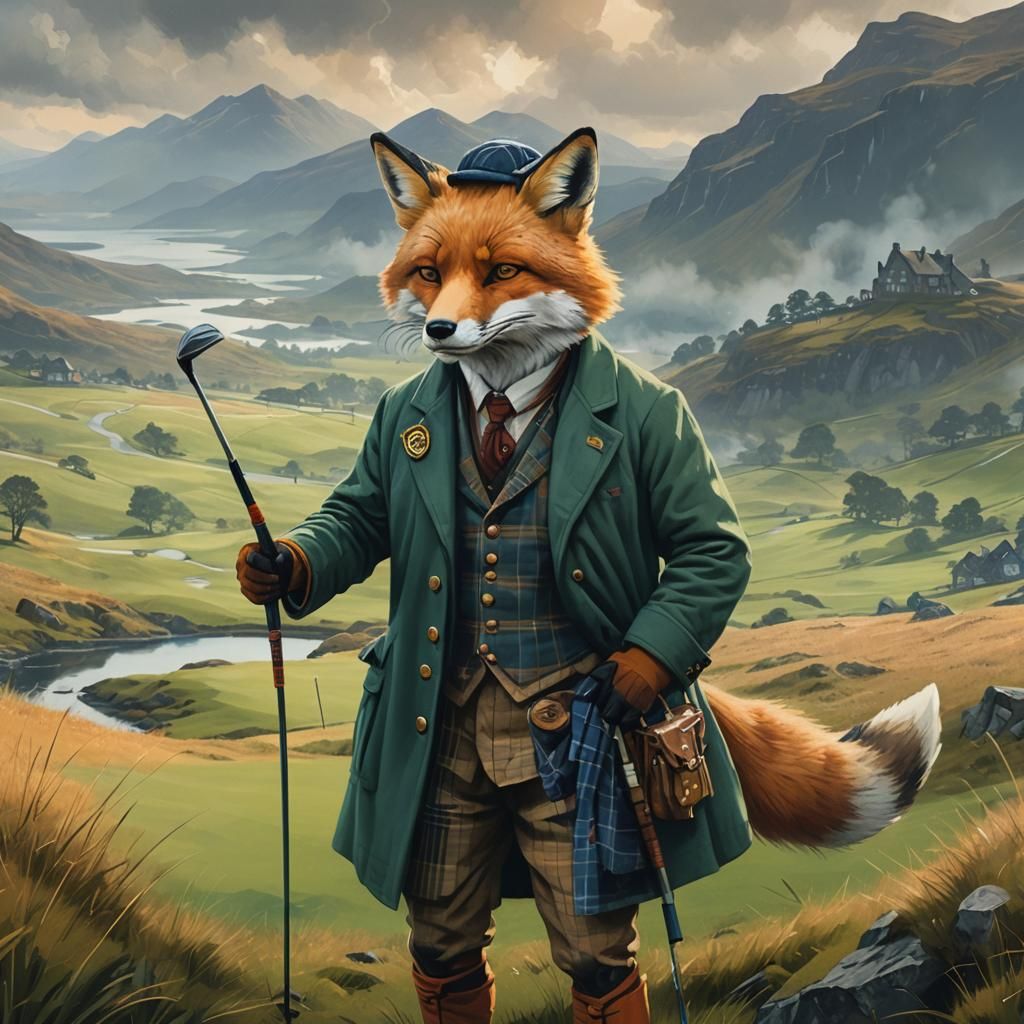 Fox Golfer in Scottish Highlands Fantasy Art