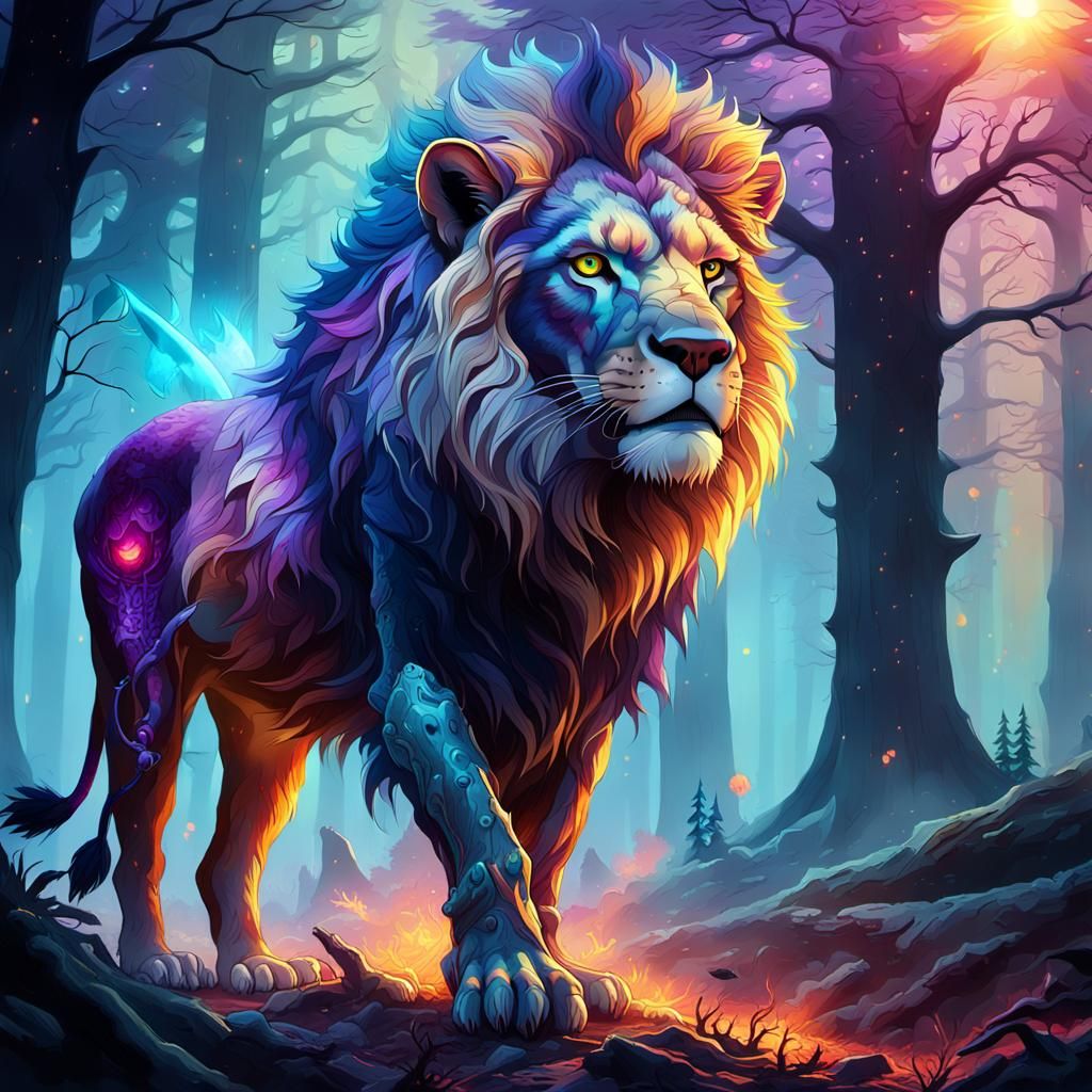 Mystical Beast Devours Prey in Vibrant Oil Painting