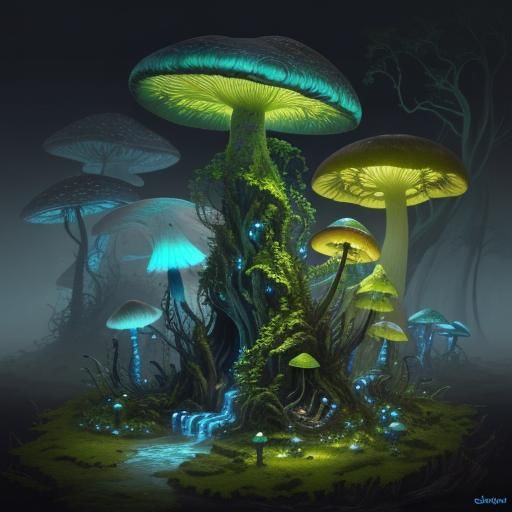 Glowing Mushroom Creature in Fantasy Matte Painting