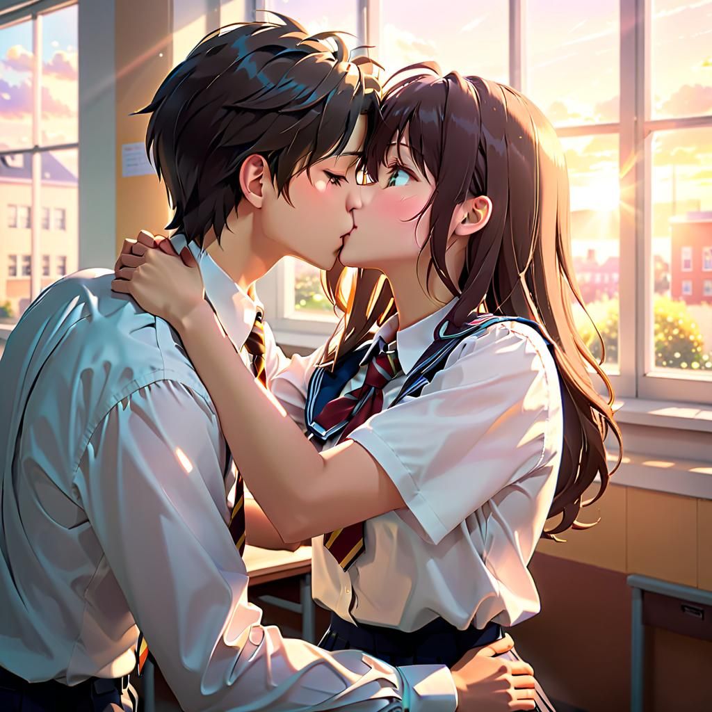 Anime Kiss in Golden Hour: Romantic School Scene