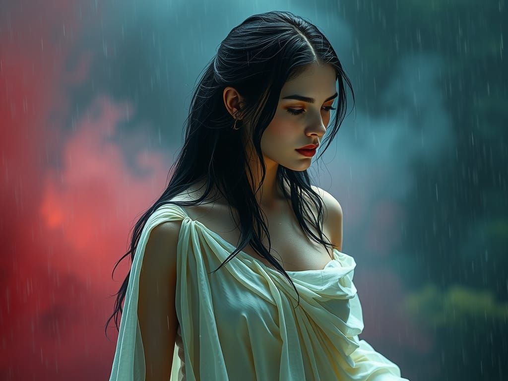 Gothic Woman Contemplates in Rainy Storm