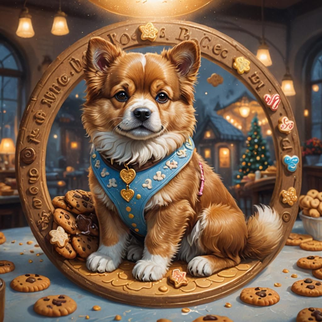 Dog in Misty Bakery Surrounded by Cookies