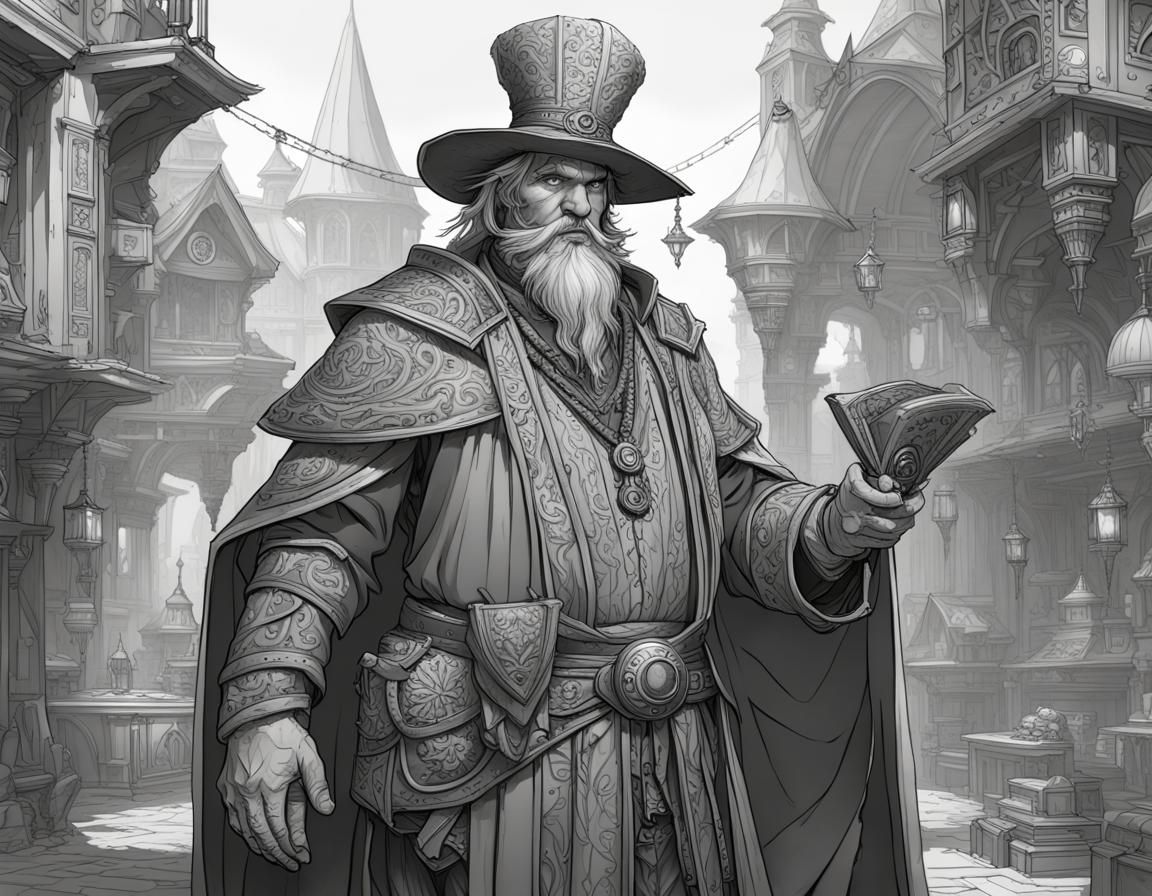 Fantasy Merchant Character Concept Art in Black and White