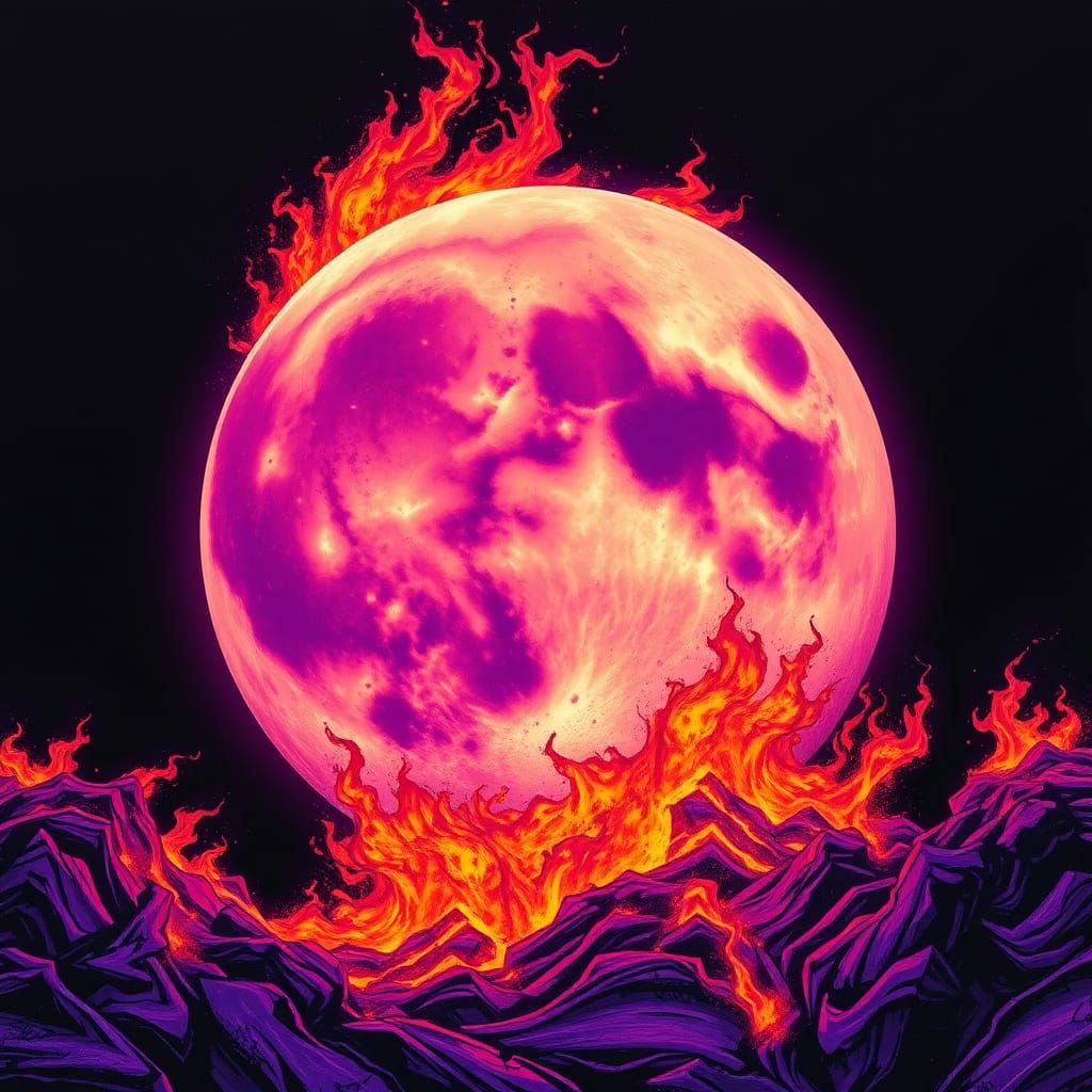 Fiery Purple Moon in Abstract Graffiti Art Style